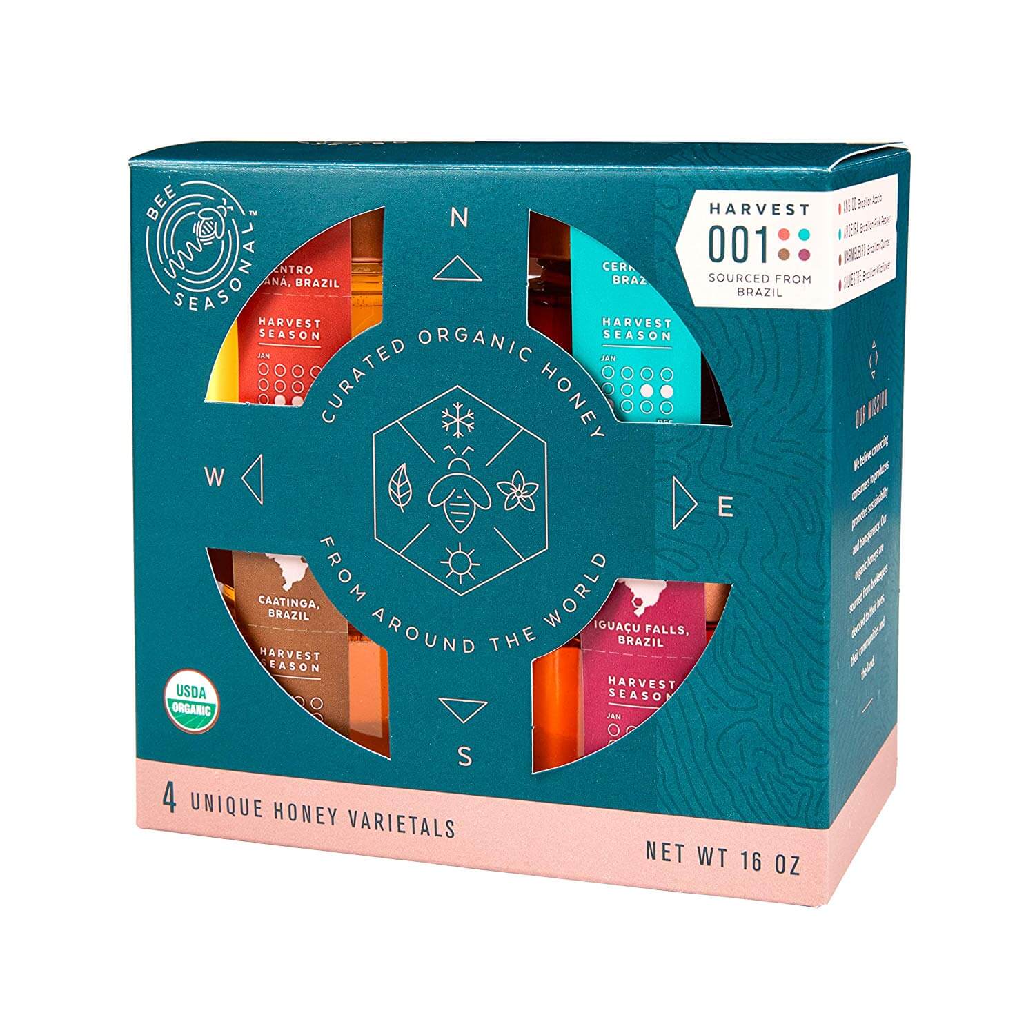 Four different types of honey come in the Bee Seasonal Raw Honey Gift Set.
