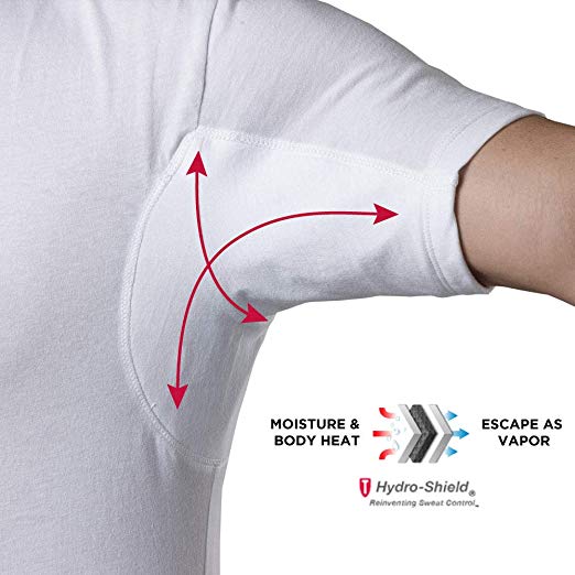 An upclose image of the moisture blocking pad in the armpit of the Thompson Tee.