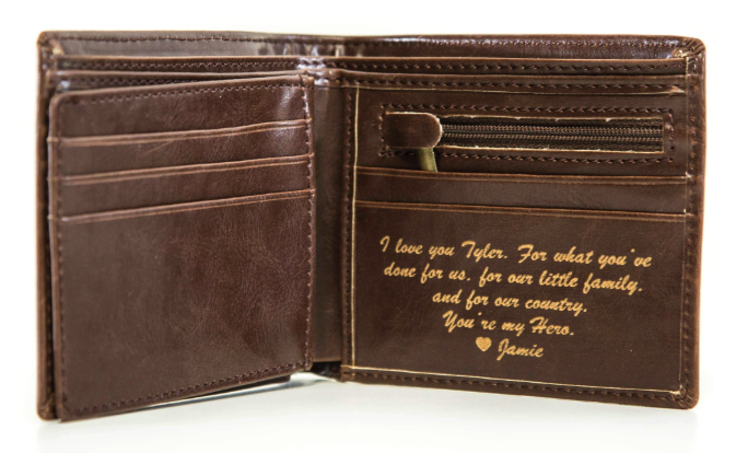 A wallet with a custom message inside.