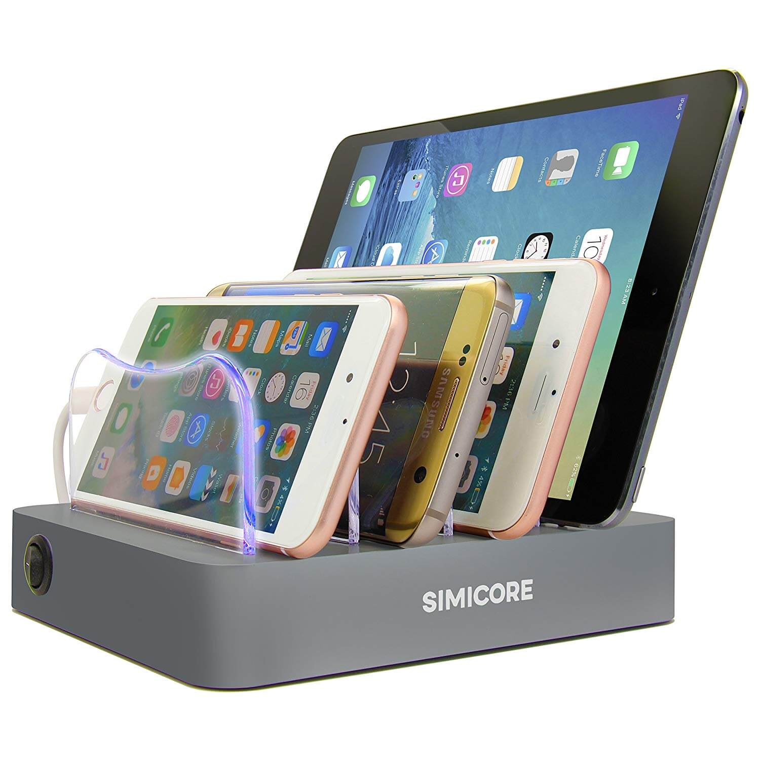 A charging station holding 4 different phones.