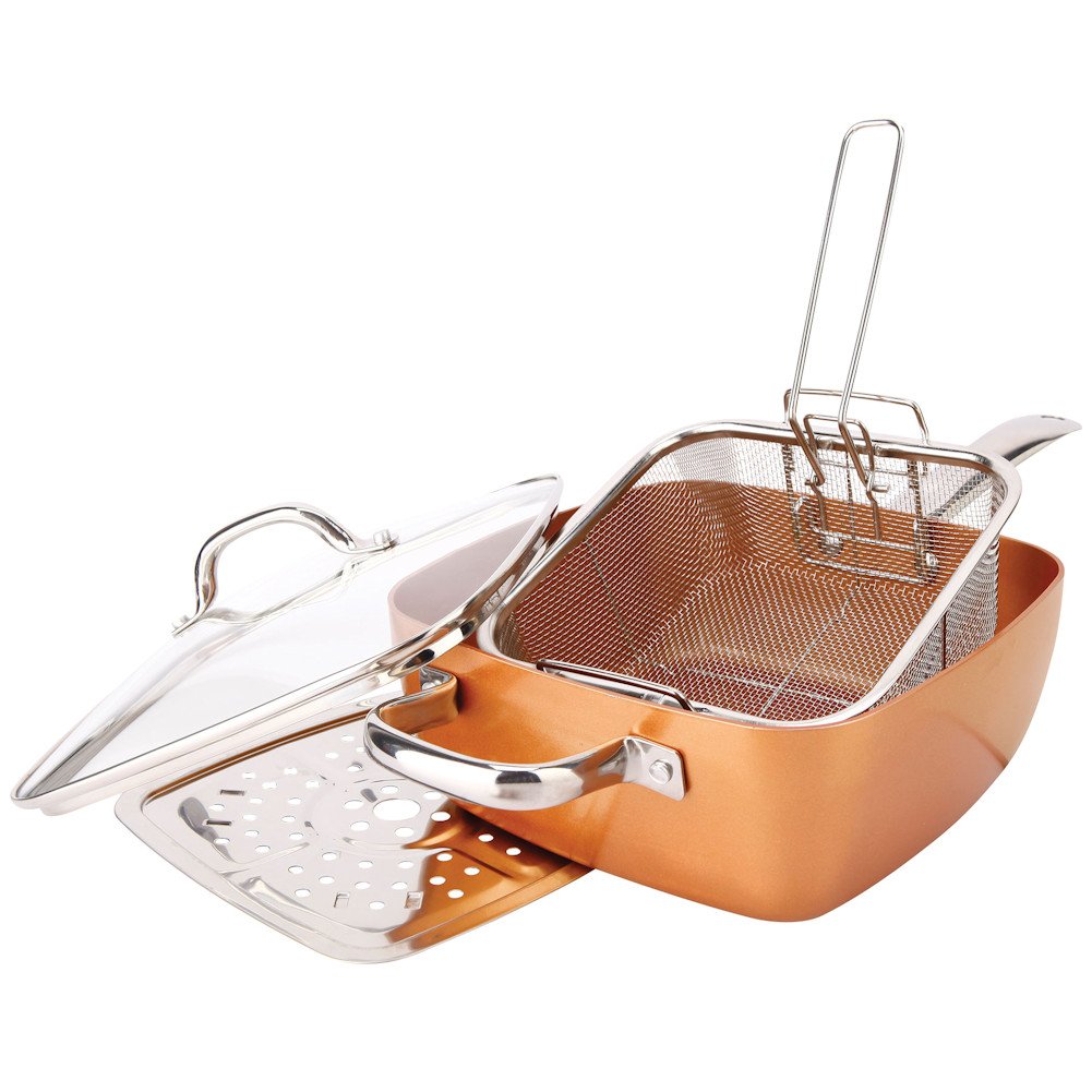 A copper titanium cook set designed for frying.