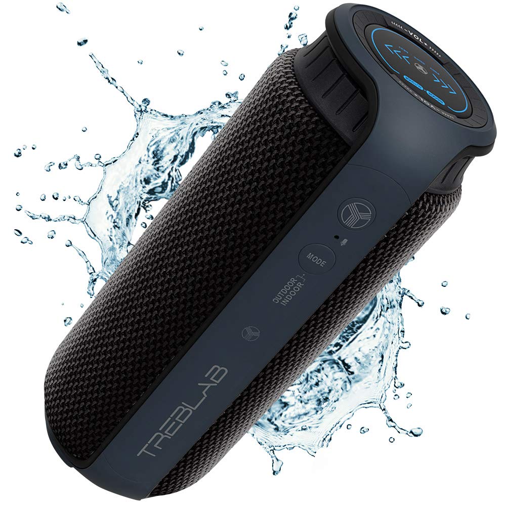 A waterproof black bluetooth speaker.