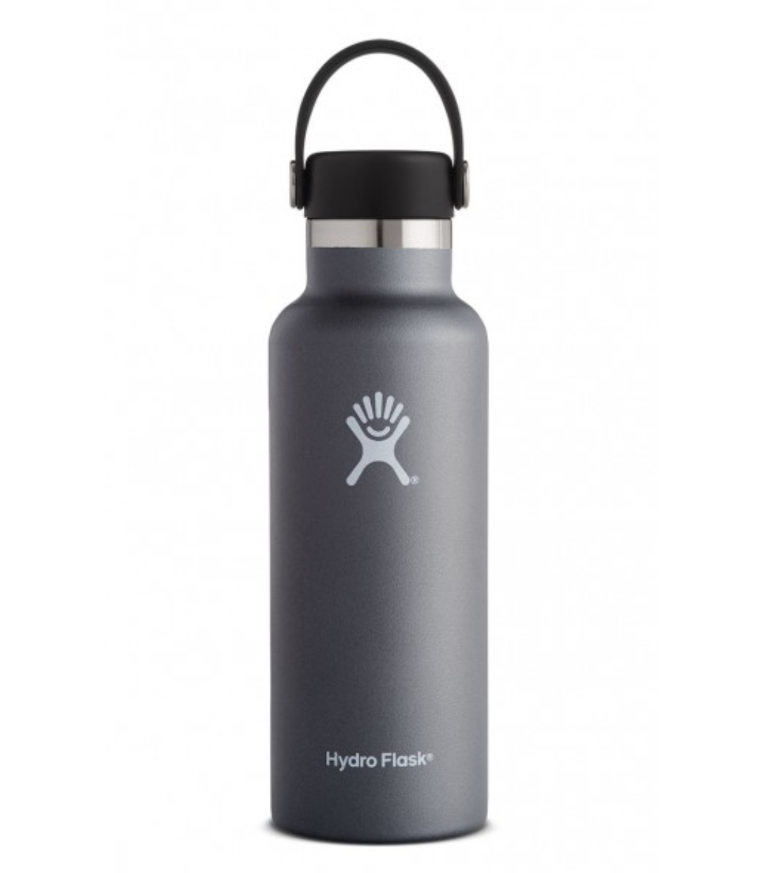 A gray hydro flask water bottle.
