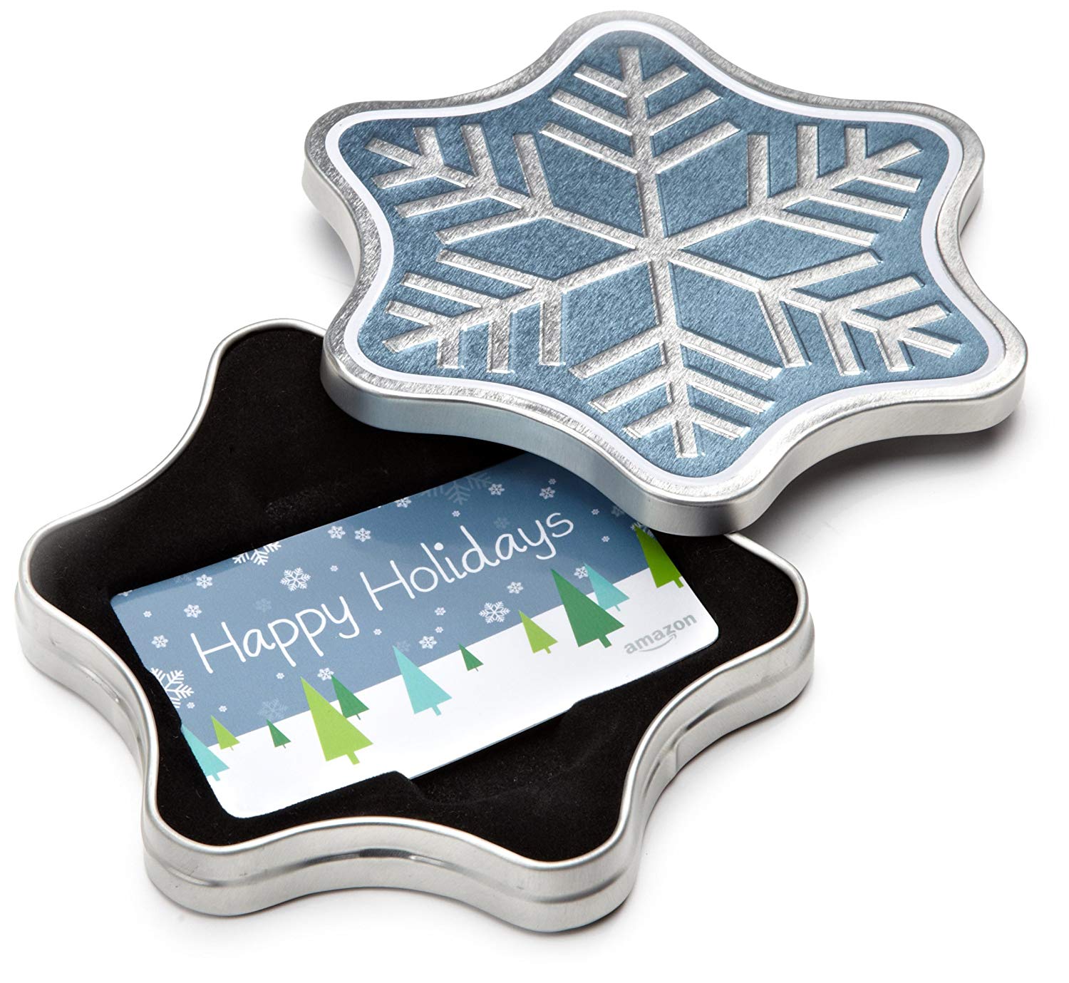 A gift card in a decorative snowflake tin.