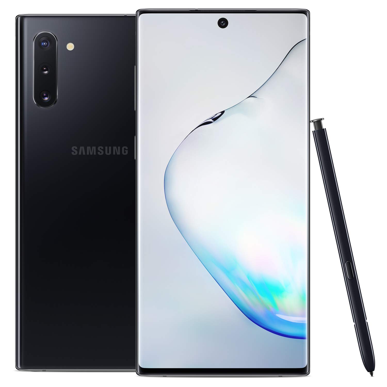 Front and back of the amsung Galaxy Note 10 and a pen.