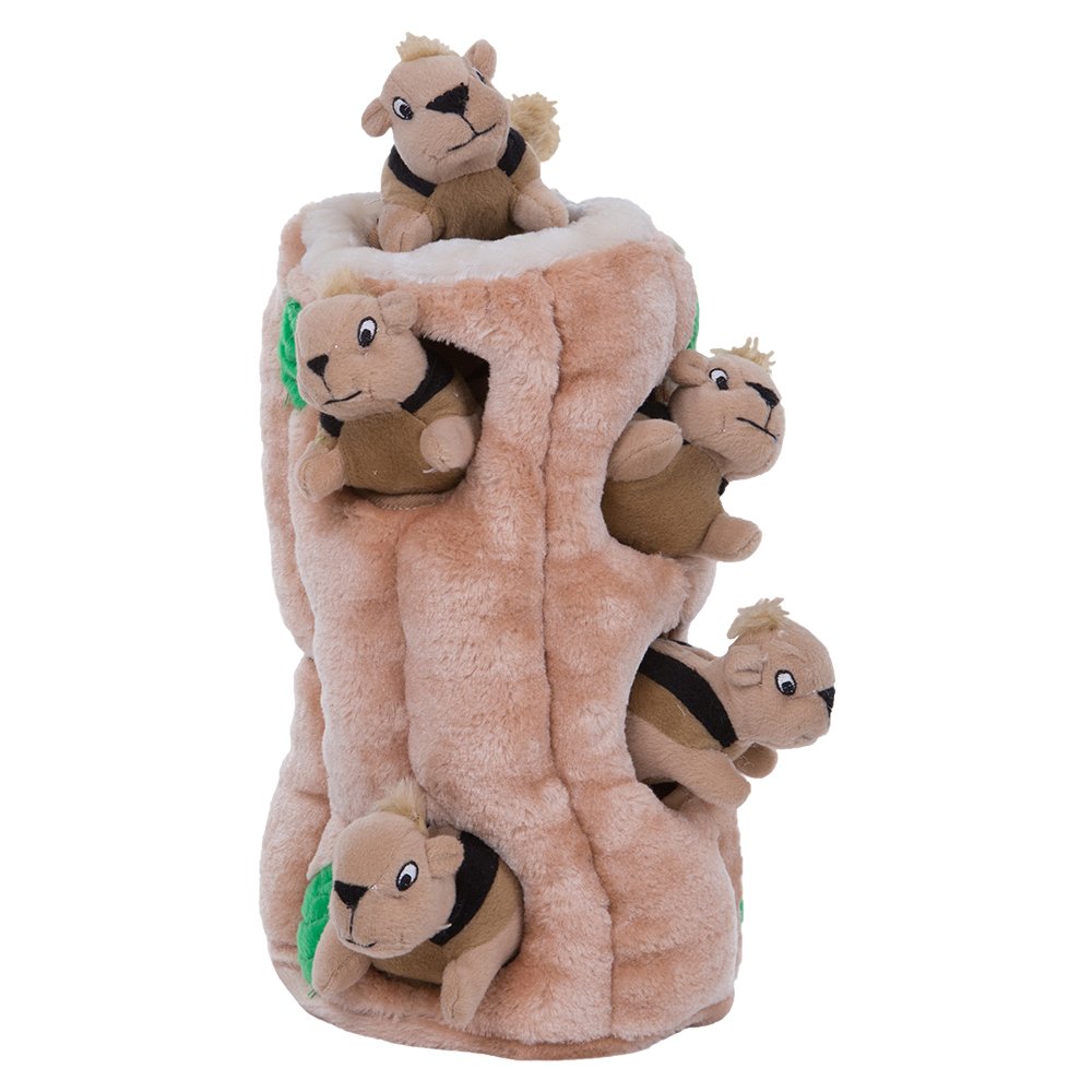 The Outward Hound interactive puzzle is a plush log with toy squirrels hidden inside.