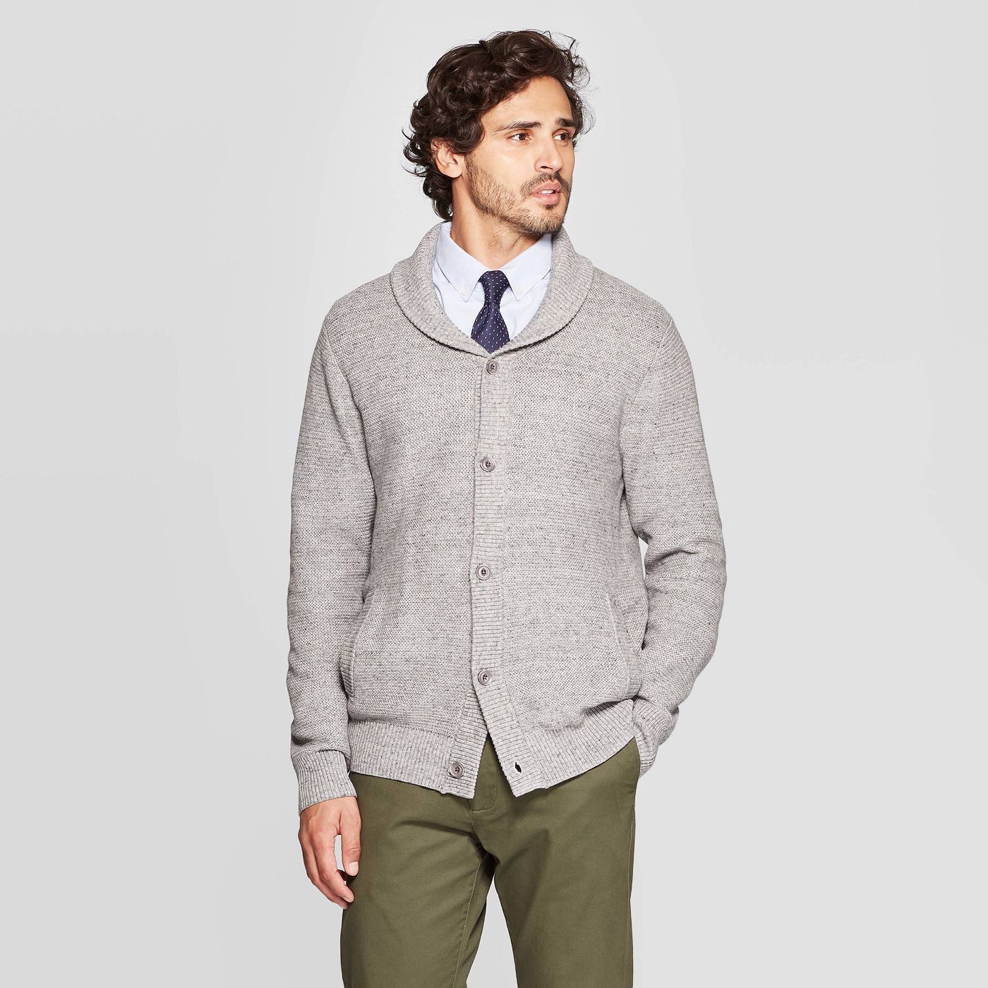 Men's Standard Fit Button-Up Mock Neck Sweater