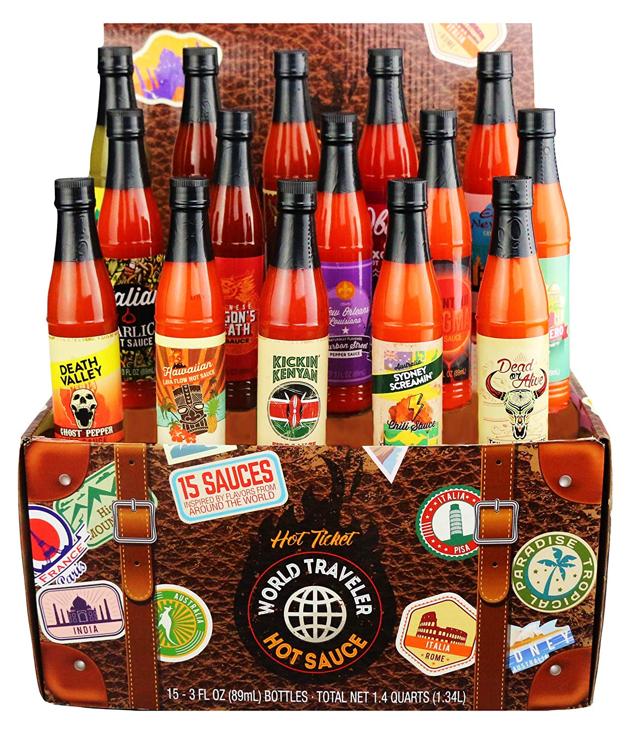A variety pack of hot sauces.