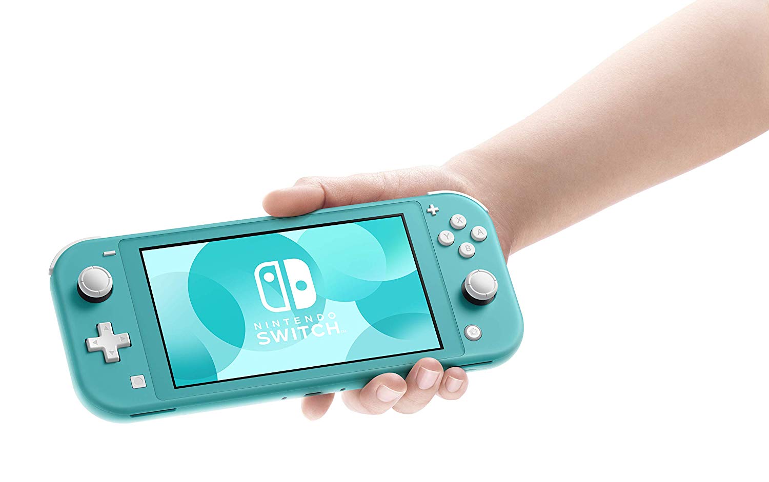 A person holding a turquoise Nintendo Switch Lite.