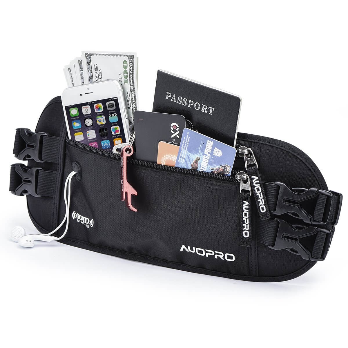 Auopro Hidden Money Belt, RFID Travel Wallet Passport Holder