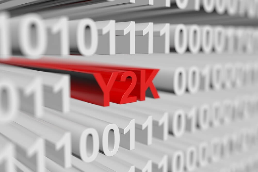 Rows of 0s and 1s repeated and red Y2K in the middle