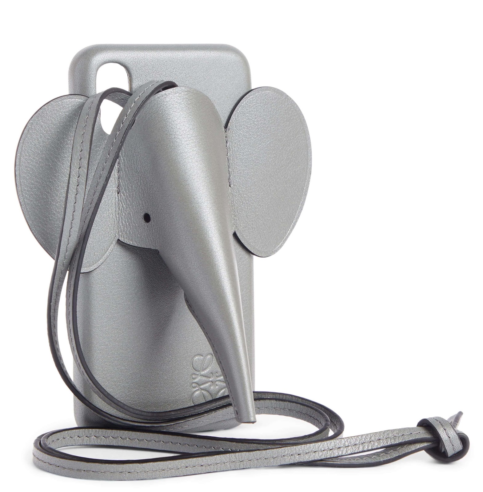 Metallic silver phone case with elephant head and shoulder strap