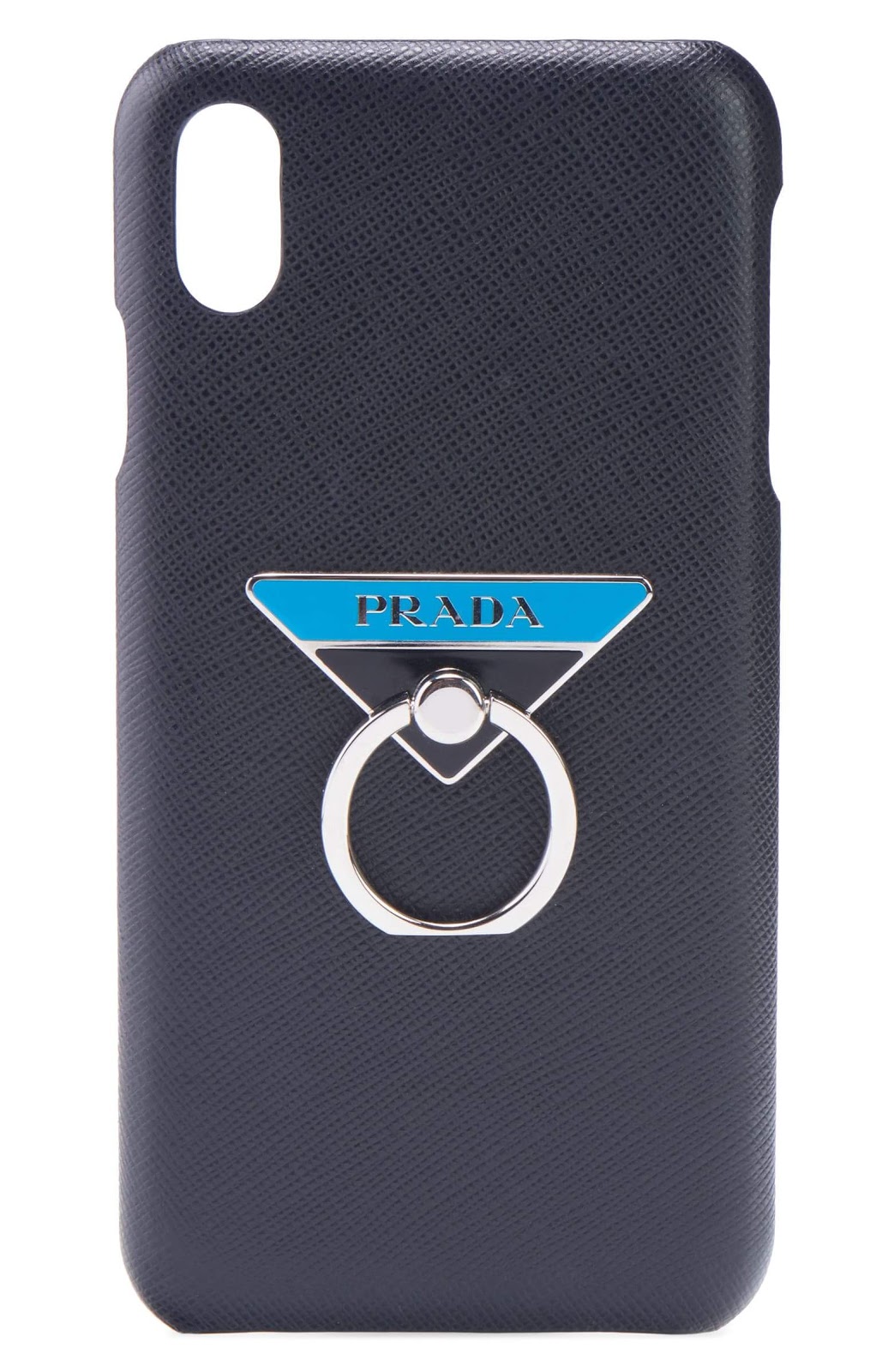 Black leather phone case with silver hardware ring