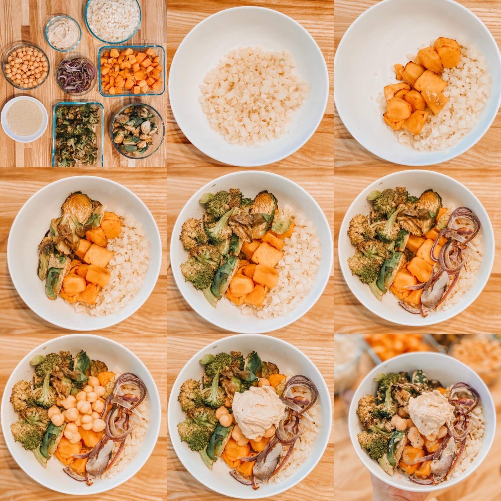 Photo gird of steps to build a bowl/meal from prepped veggies