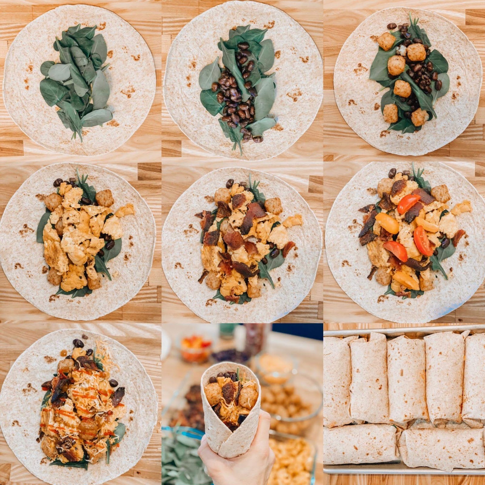 Photo grid of building a burrito