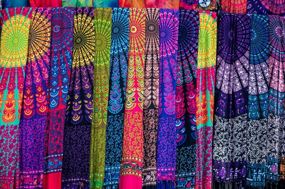 Row of multicolor fabrics with vibrant design