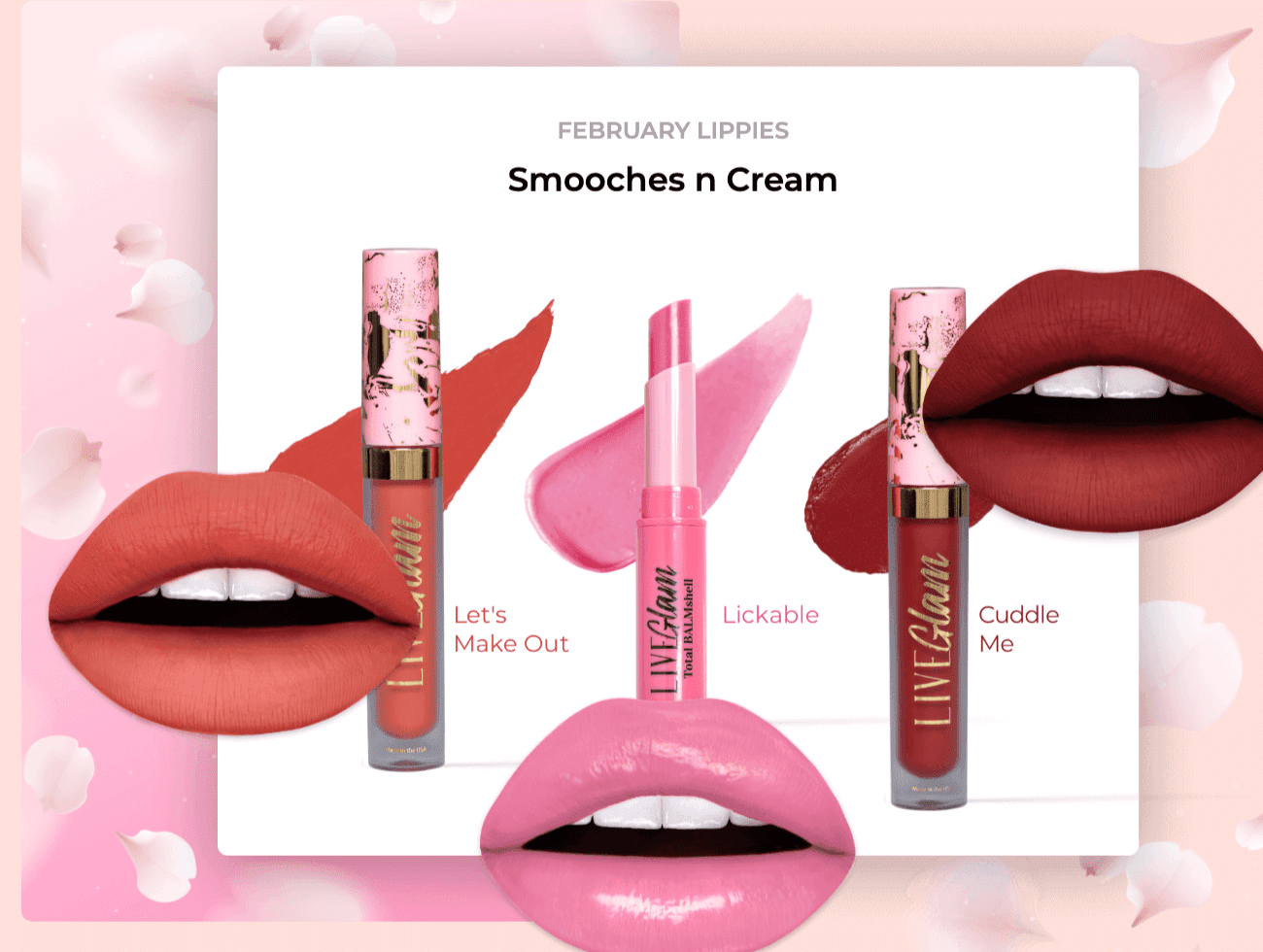 Liveglam Ad showing lipsticks and glosses in pinks and reds
