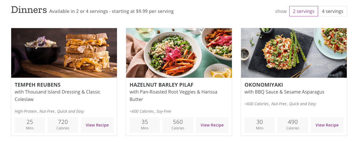 Purple Carrot meal options.