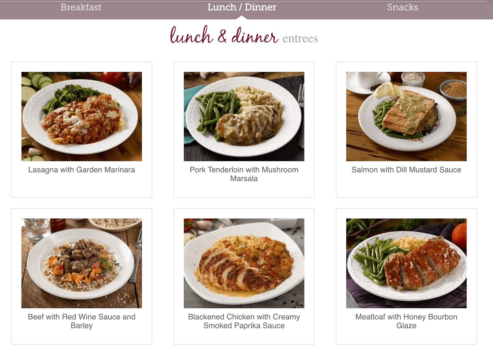 Screen shot of meal options