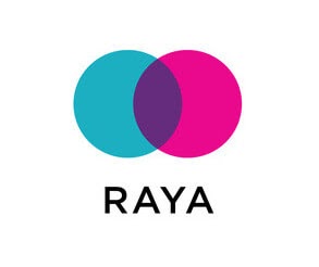 Raya logo, teal and pink circles overlapping with name underneath.