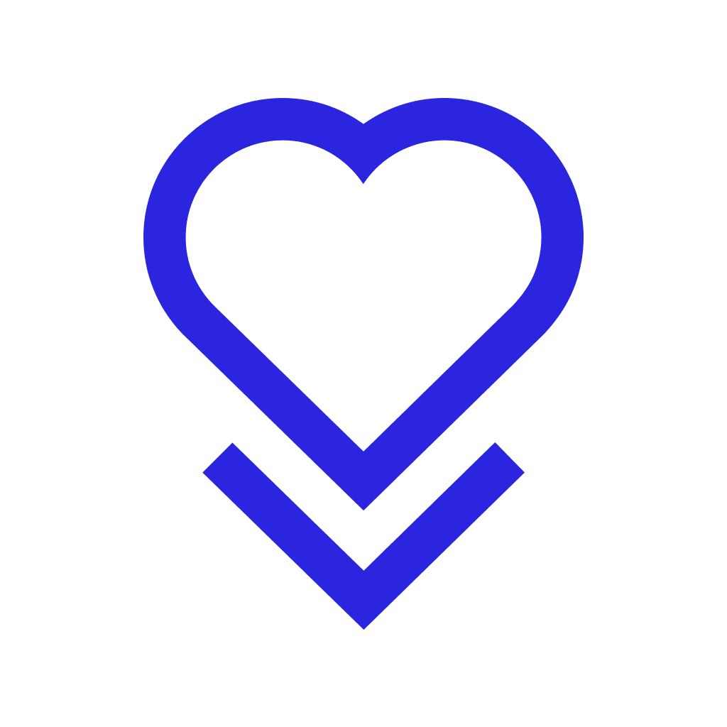 Huggle logo, purple heart and downward chevron