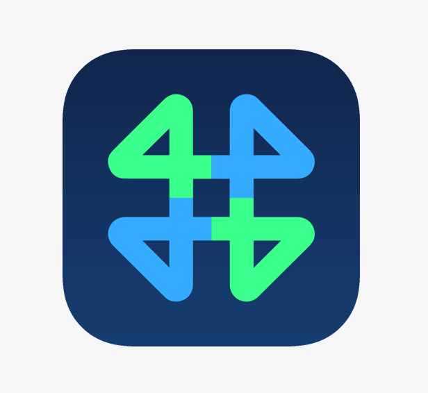 Fourplay logo, blue square with rounded corners and geometric number four design.