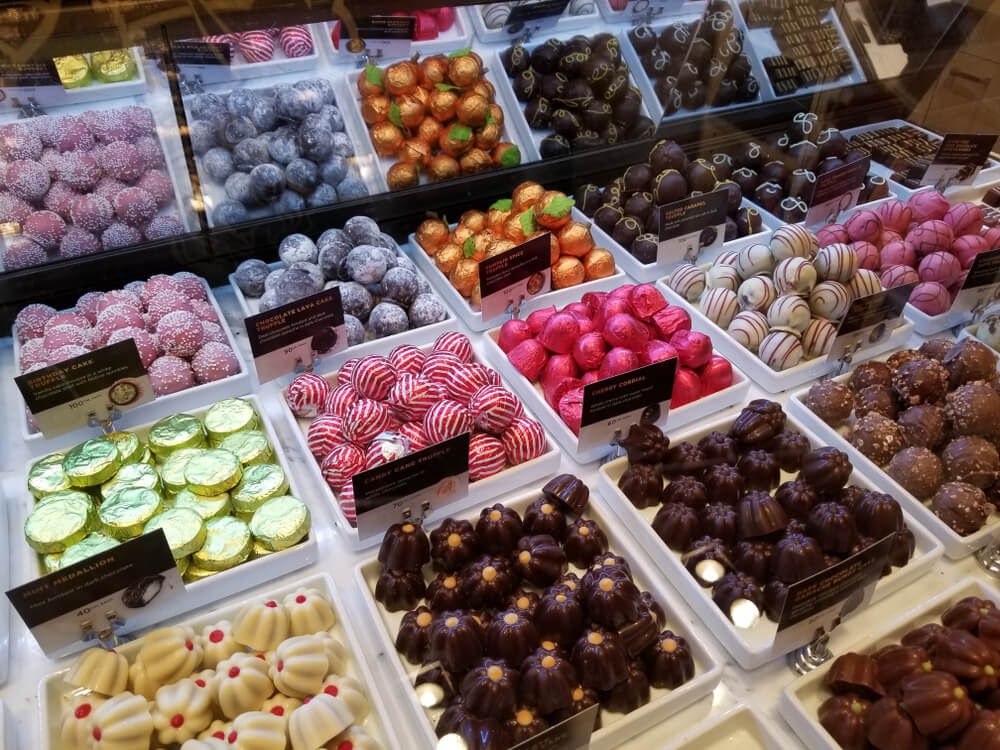 Chocolates in a case.