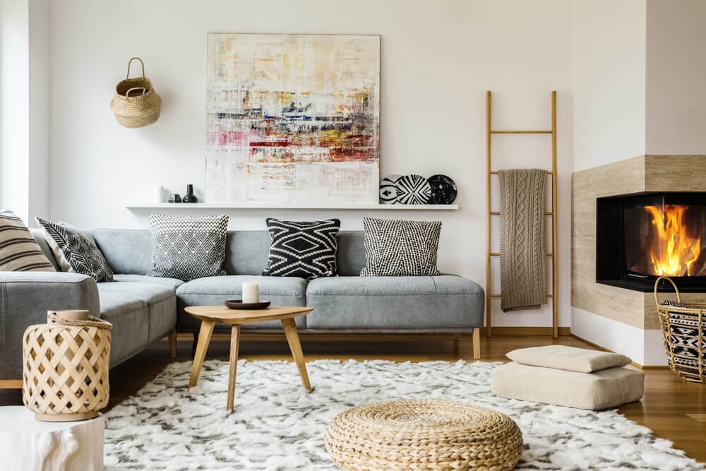 Cozy living modern room with wood and black & white patterns to accent.