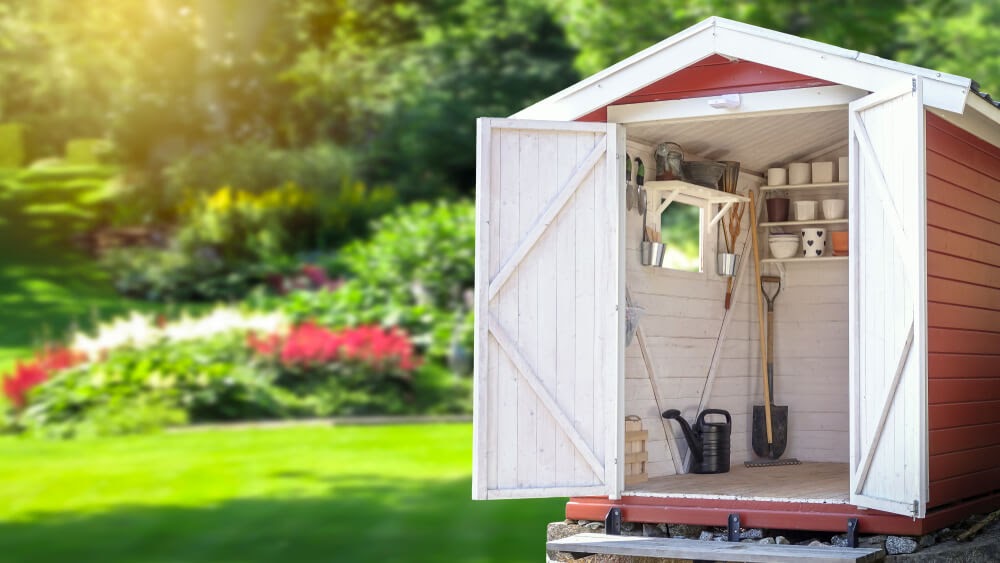 Shed with open doors showing tools and pots inside. The shed sits in a green yard.