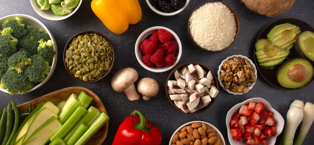 Various fruits, vegetables, nuts and rice,