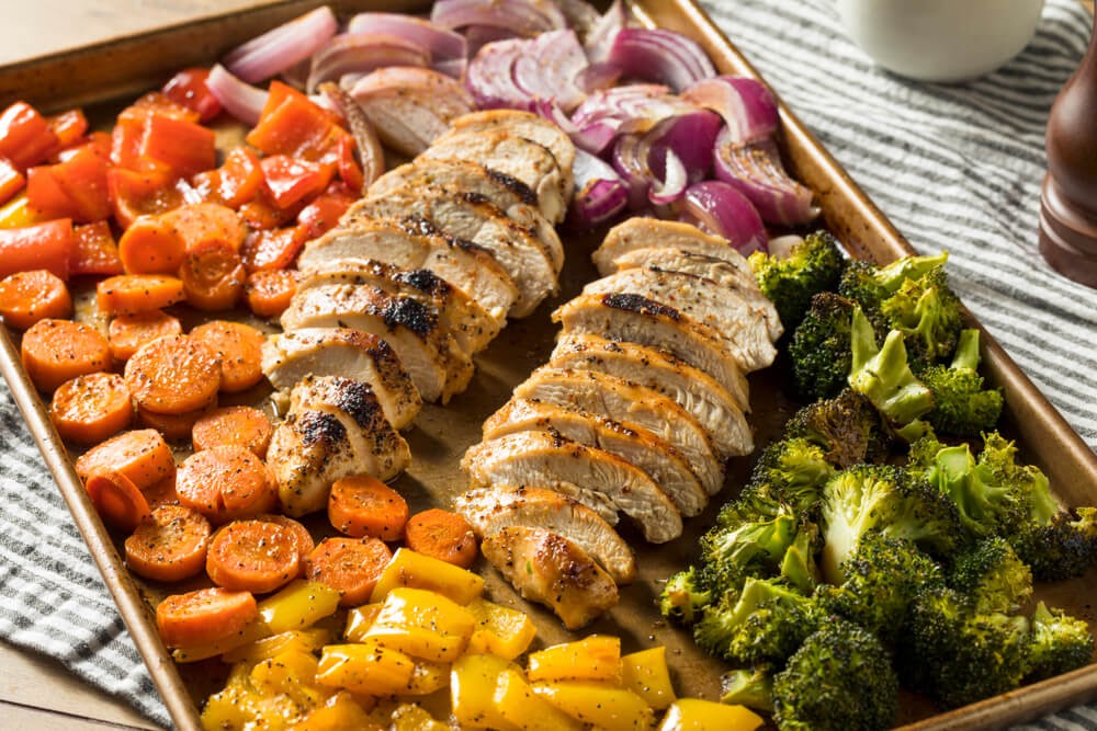Sheet pan meal with chicken and veggies.