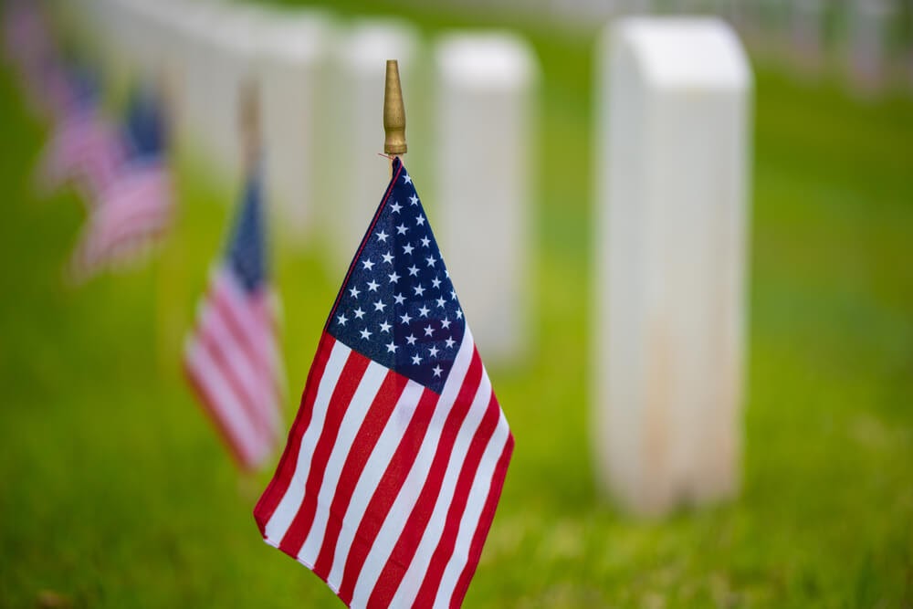American flag at cemetery.
