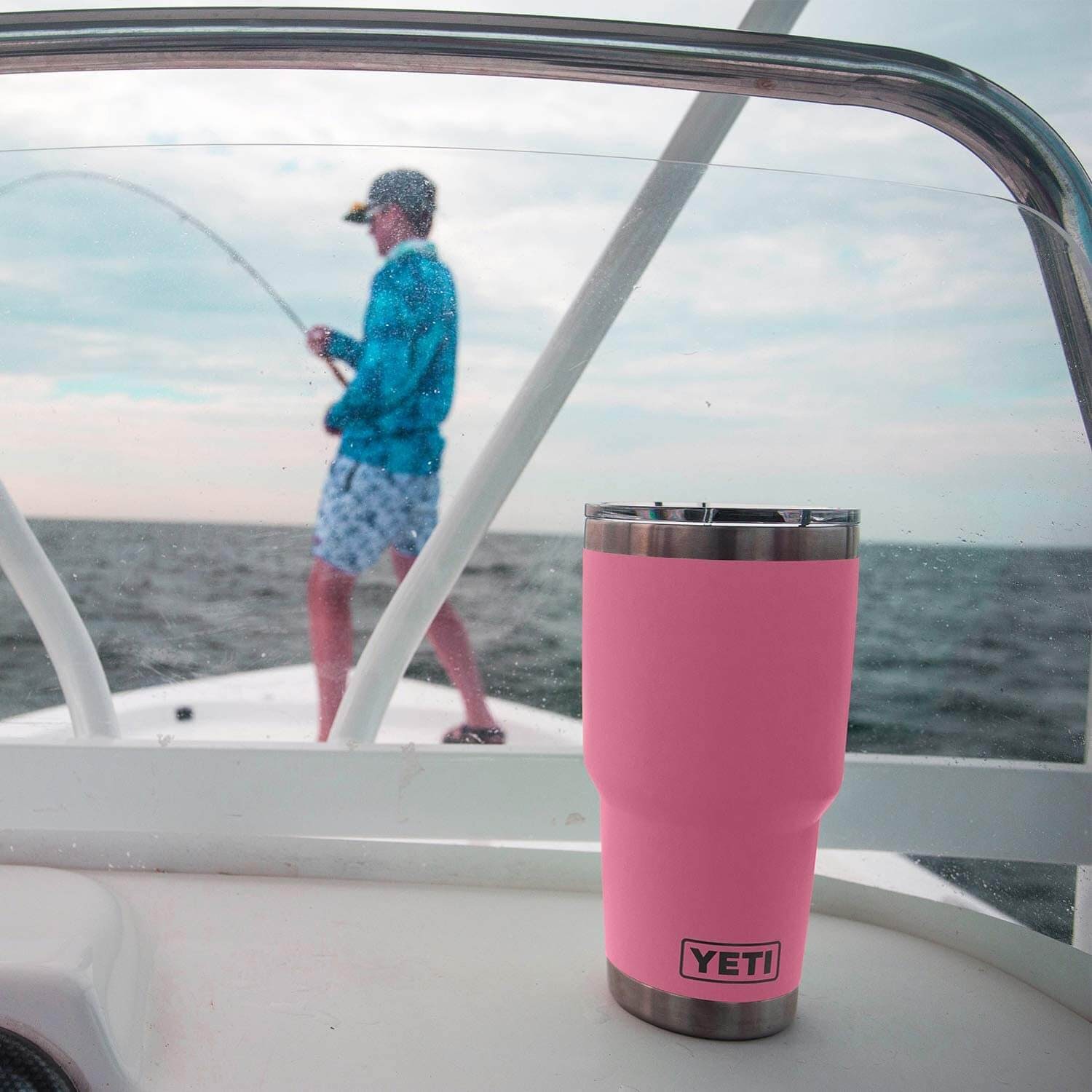 Pink Yeti on a boat.