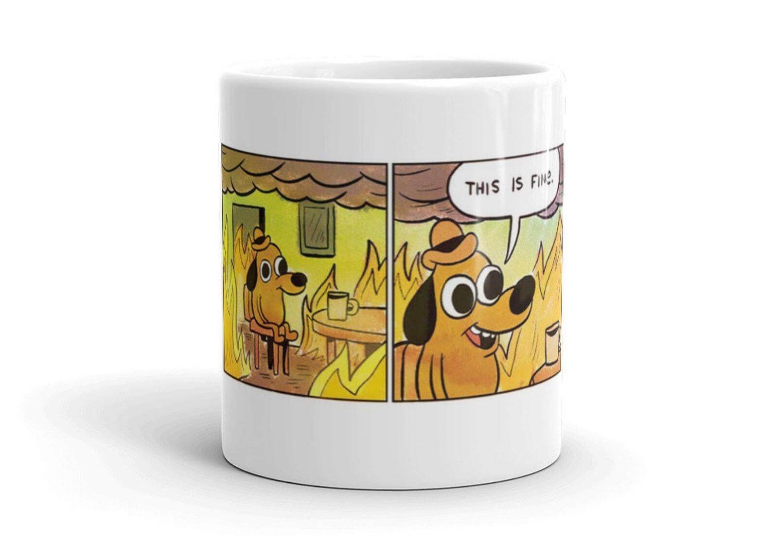 Mug showing office on fire.