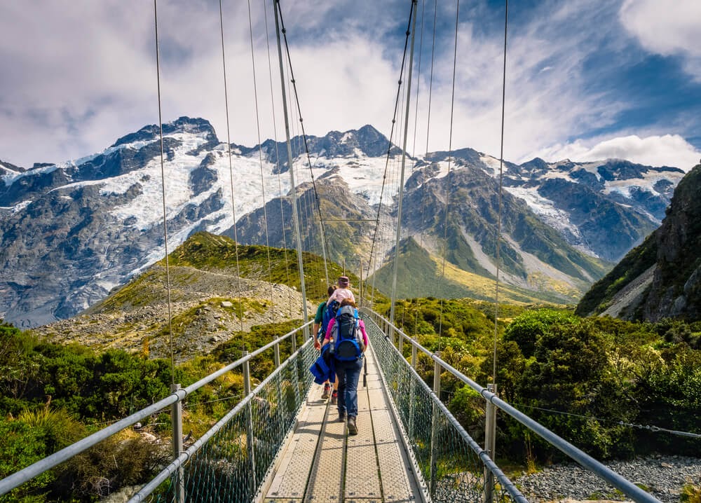 Suspended wire bridge in Mount Cook National Park, New Zealand