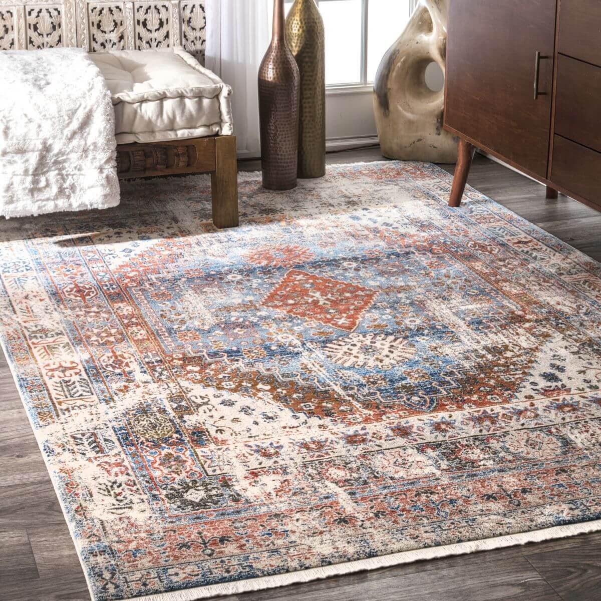 Blue Olden Tribal Medallion Fringe Area Rug