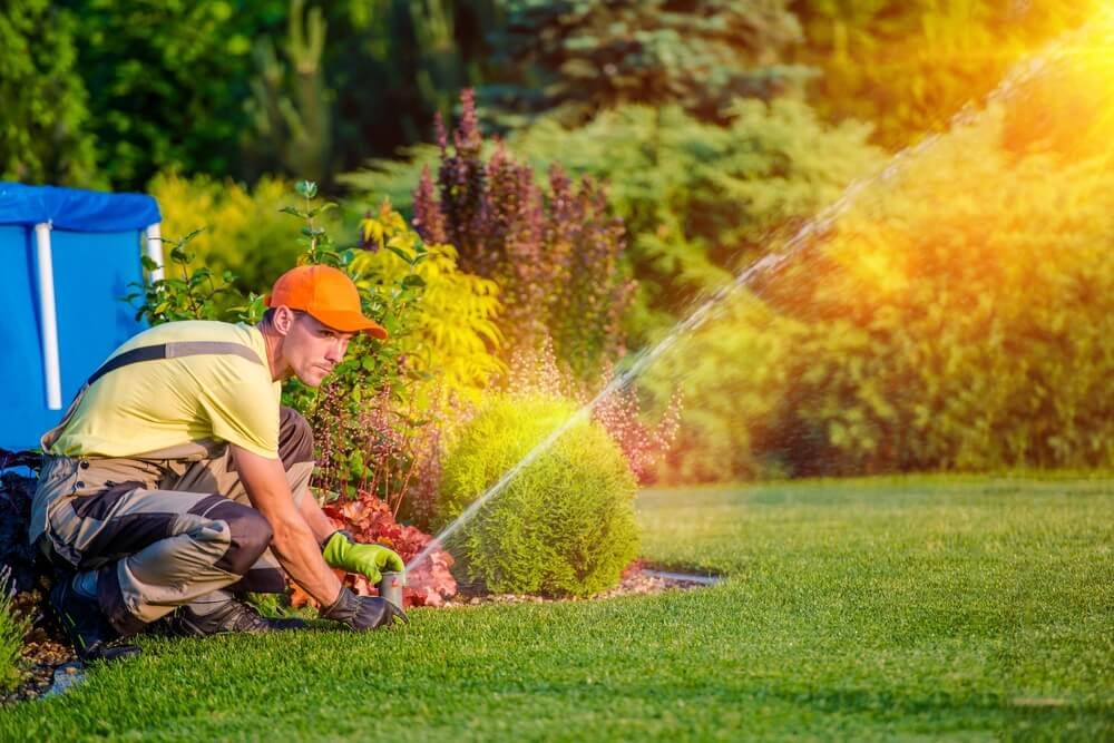Man adjusting a sprinkler in a lush backyard