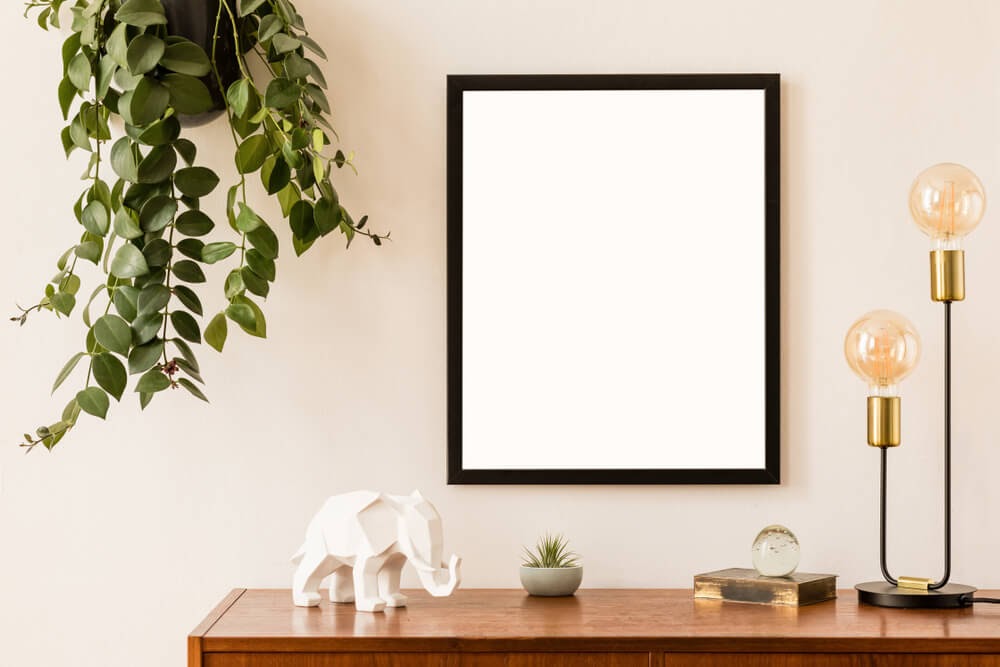 Close up of framed wall hanging next to a plant hanging from the ceiling