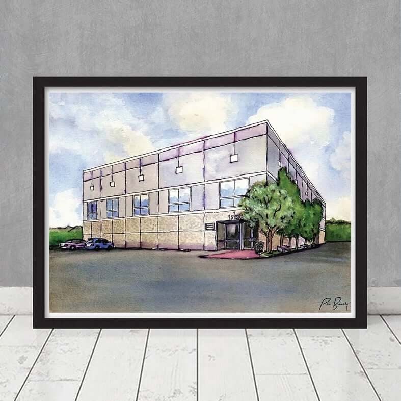 Framed watercolor of Dunder Mifflin