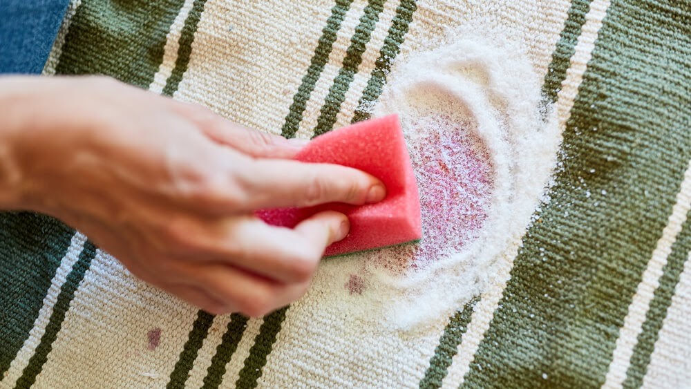 Close up of hand scrubbing tomato sauce out of rug