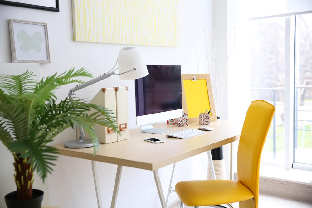 Home office with all the yellow accessories