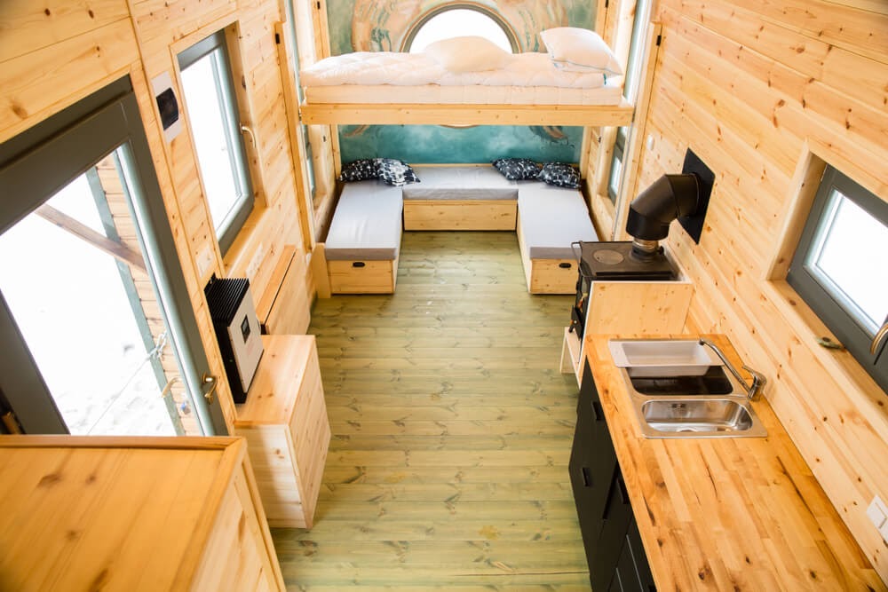 inside tiny house with wood interior