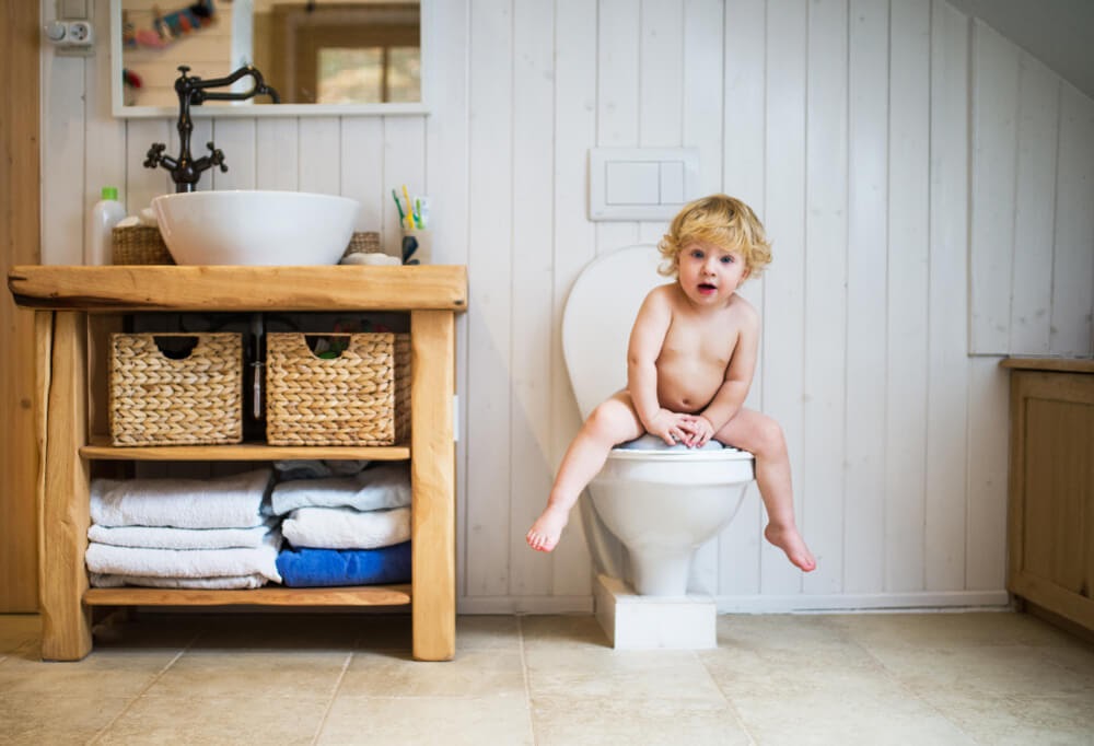 Toddler sitting on a toilet