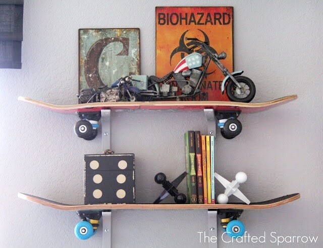 Skateboard as shelves in a room