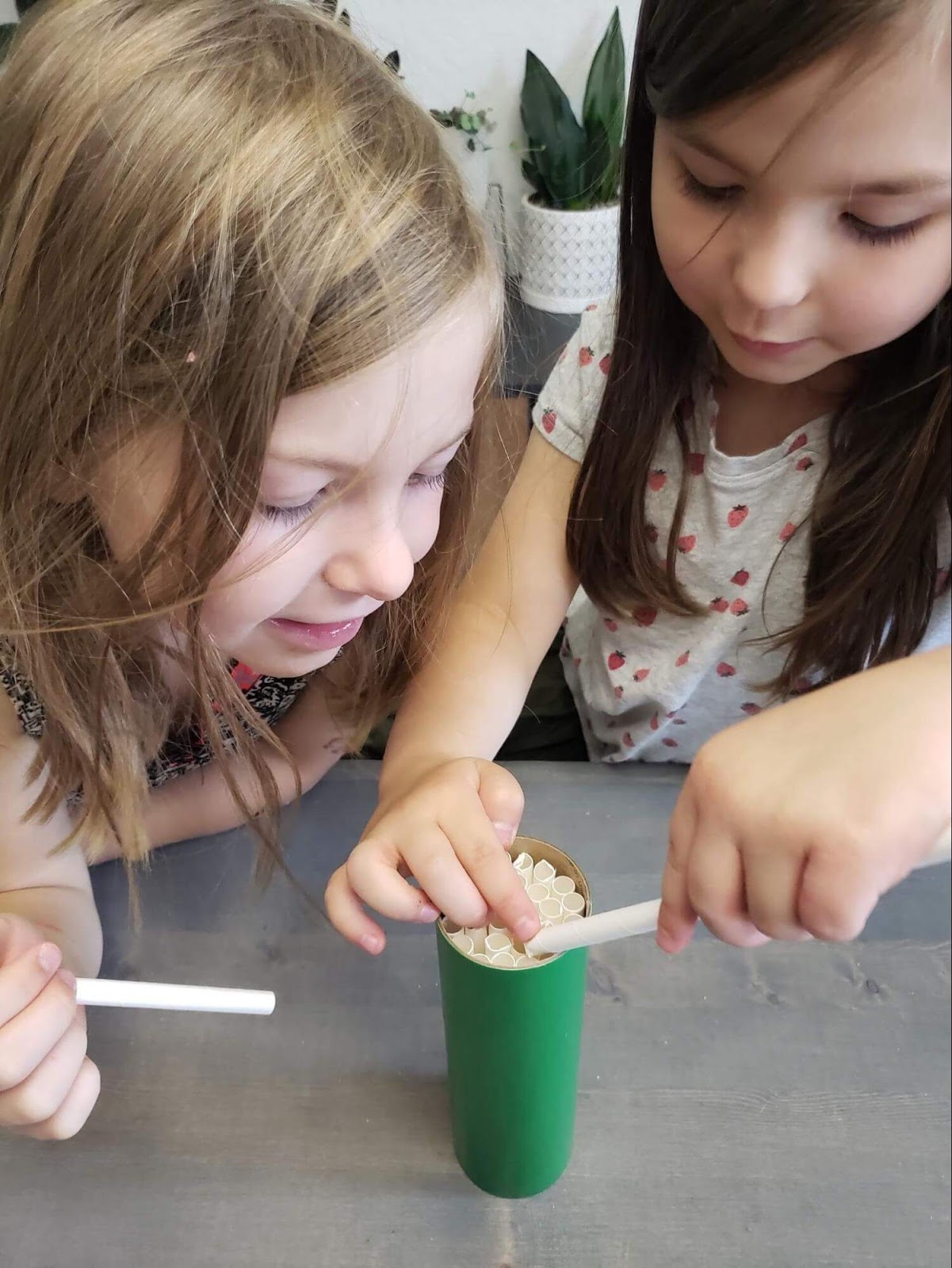 Girls stuffing straws into a green tube