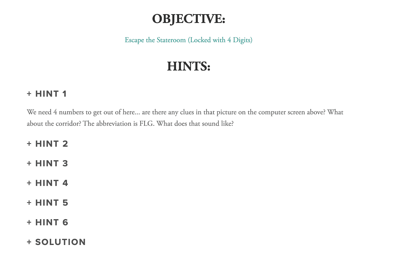 Escape the Stateroom Objectives