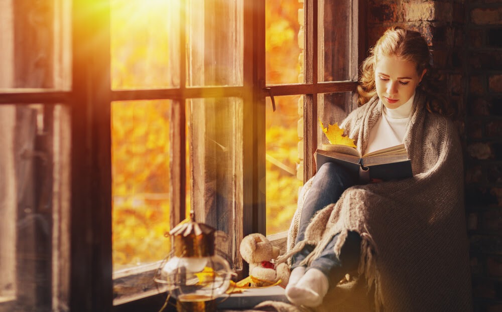 Woman reading a book in a window seat