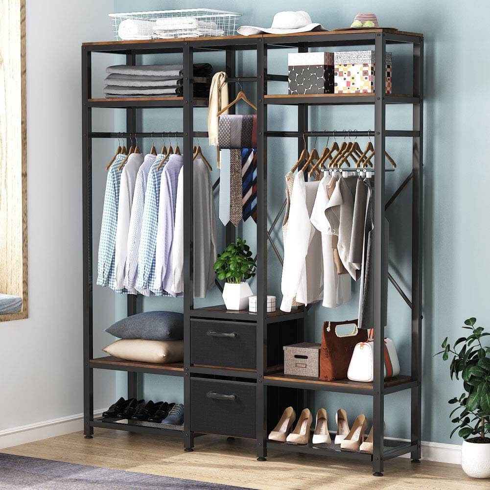 Tribesigns Free Standing Closet Organizer, Metal Garment Rack with Shelves