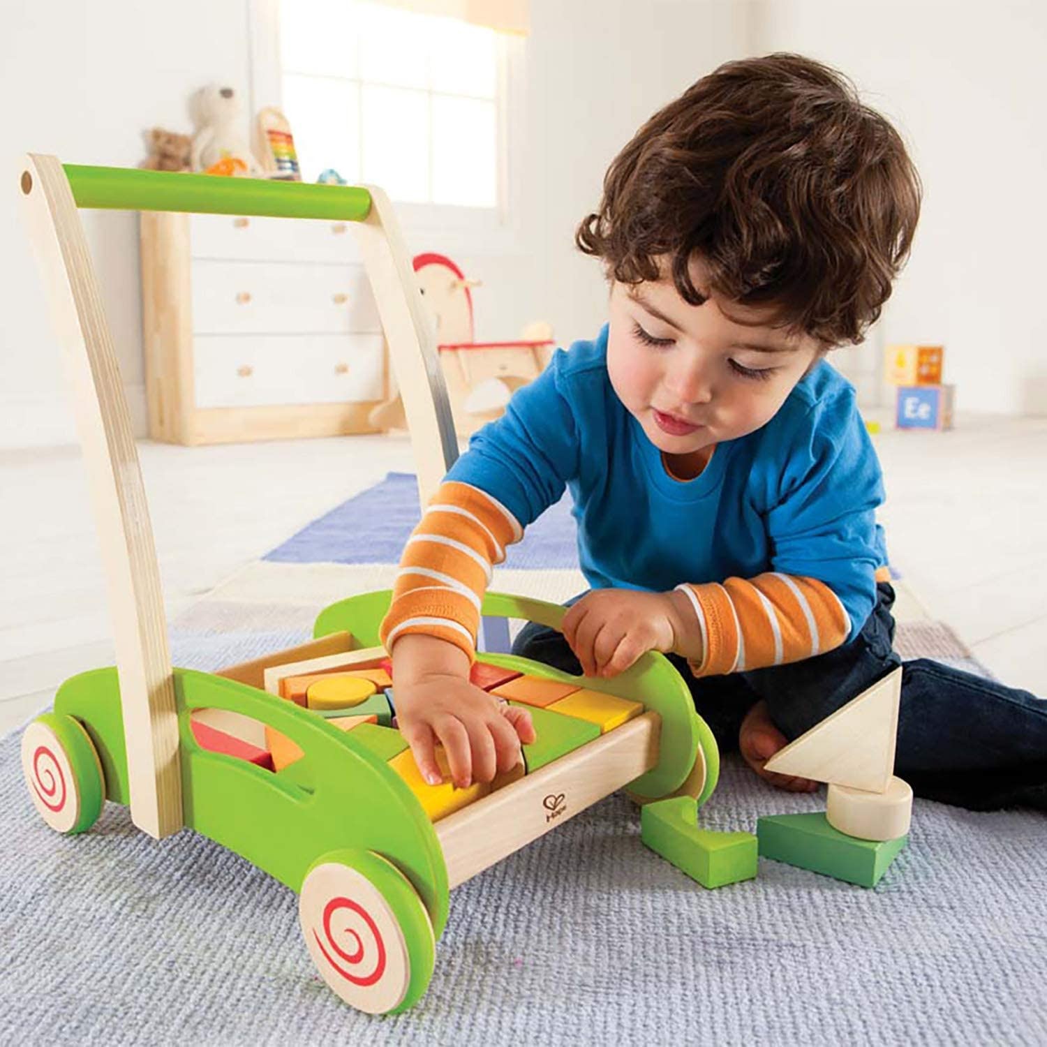Hape Block and Roll Cart Toddler Wooden Push and Pull Toy