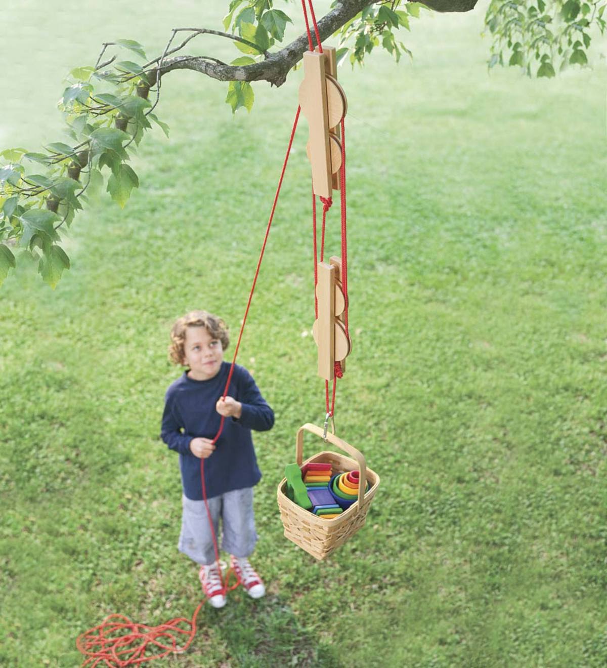 Pulley Set with Wooden Reels and Nylon Ropes